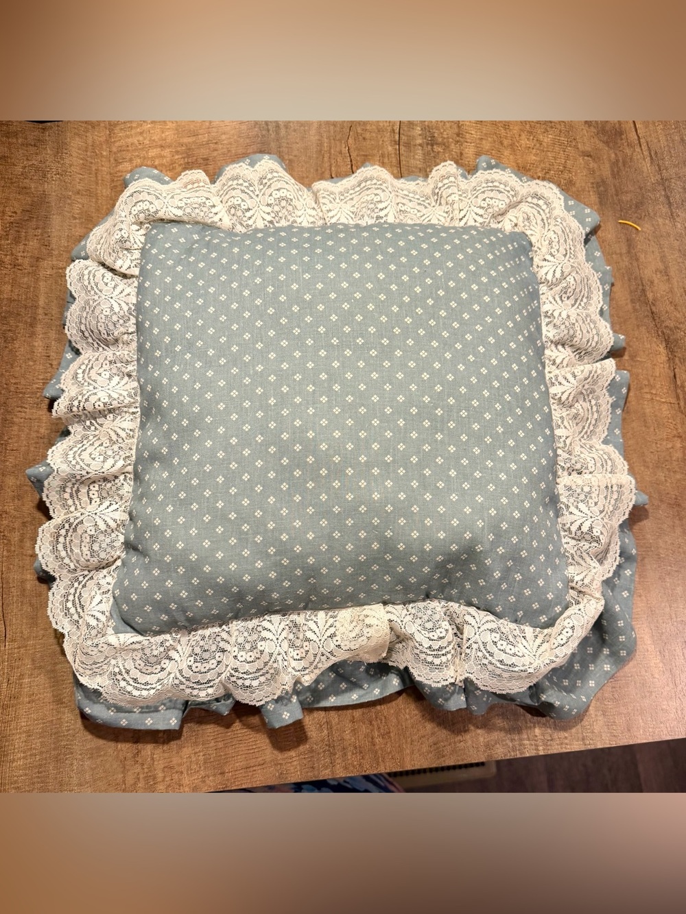 Vintage Blue Calico Throw Pillow 21in Doubke Ruffle Lace